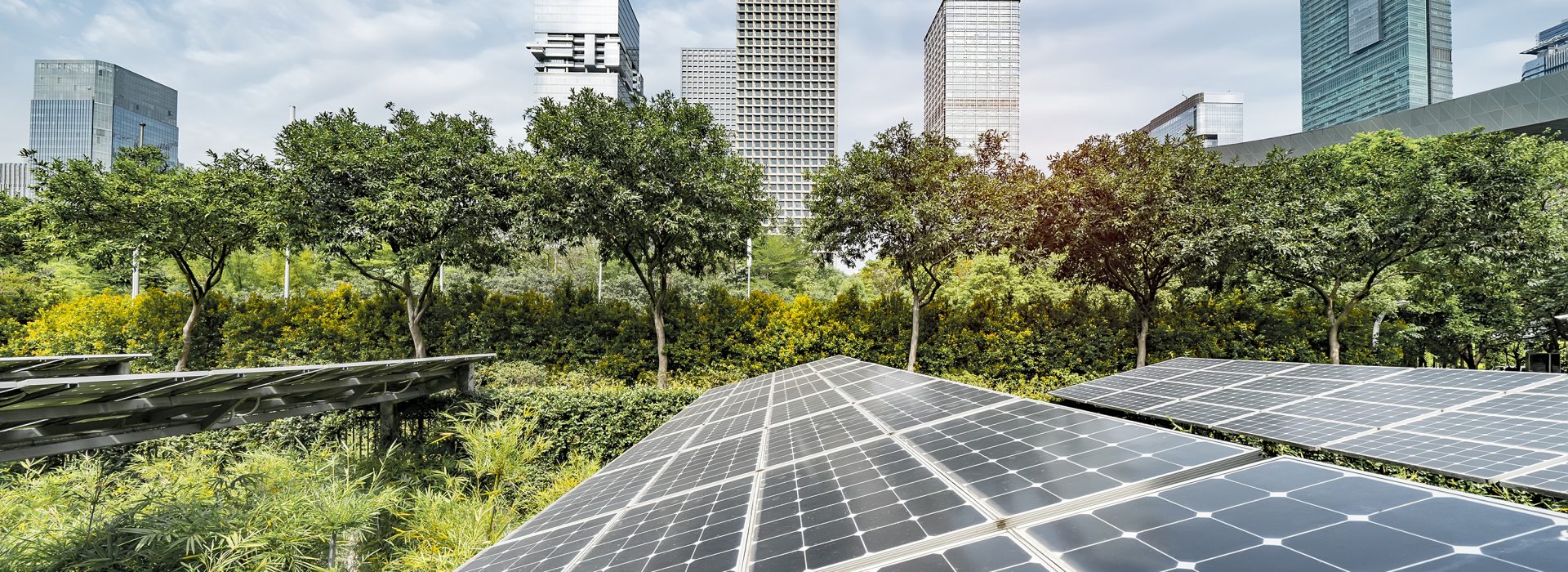 Ecological energy renewable solar panel plant with urban landscape landmarks